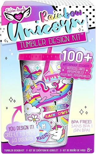 Vista 6 de Fashion Angels Kit de diseño de vaso de unicornio arcoíris, 2 hojas de calcomanías rellenas con 100 calcomanías impermeables para decorar 1 vaso