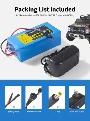 Vista 3 de Paquete de 2 baterías de litio de 24 V 5 Ah con cargador de 29.4 V 1 A, batería recargable de 24 V para niños, juguetes y proyectos de bricolaje