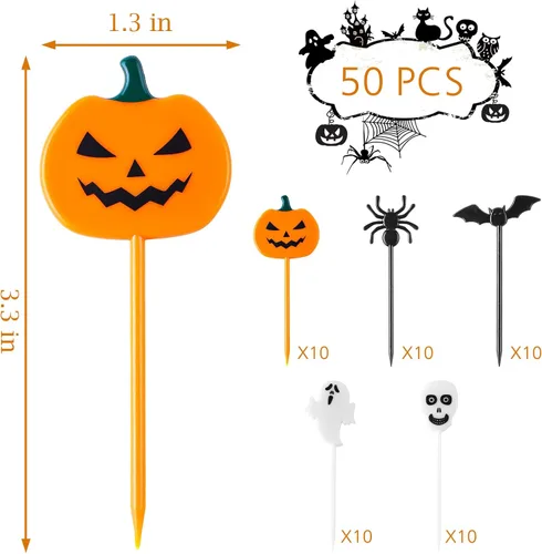 Vista 3 de GlyinnHe 50 piezas de palillos de Halloween para cupcakes, palillos de dientes de plástico para cupcakes, alimentos, cócteles, aperitivos