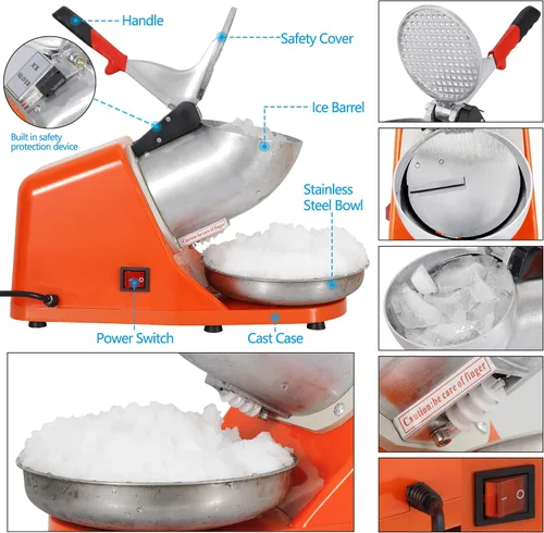 Vista 6 de HomGarden Máquina de afeitar eléctrica de hielo de 143 libras, máquina de afeitar de acero inoxidable, trituradora de hielo afeitado para uso Naranja