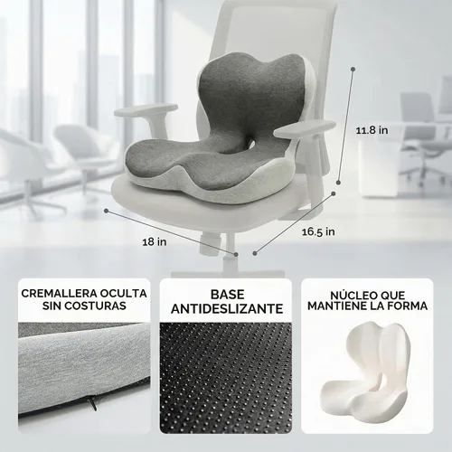 Vista 2 de Cojín de asiento ergonómico con soporte lumbar integrado, cojín de asiento de espuma viscoelástica en forma de L con corte de coxis para presión
