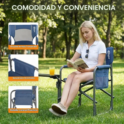 Vista 7 de Portal Silla de director plegable con mesa auxiliar giratoria de 2 vías, silla de campamento resistente de 300 libras con bandeja giratoria y Azul