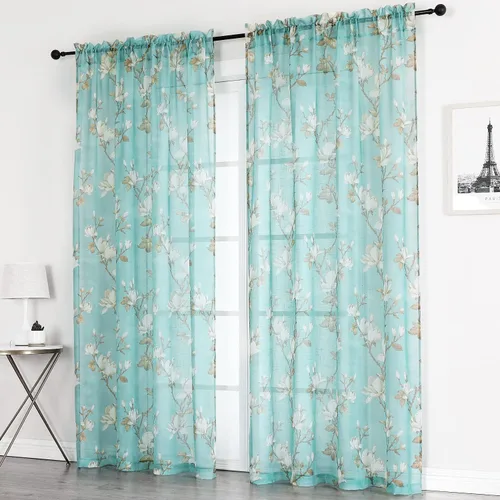 Vista 7 de SMILE WEAVER 2 paneles de cortinas traslúcidas turquesa de 45 pulgadas de largo, para sala de estar, cortinas semitransparentes florales