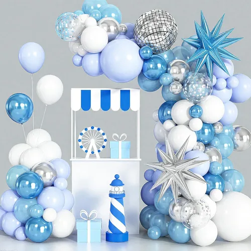 Vista 5 de Kit de guirnalda de arco de globos de color azul, blanco y plateado con globos de bola de discoteca, globos de papel de aluminio de estrella