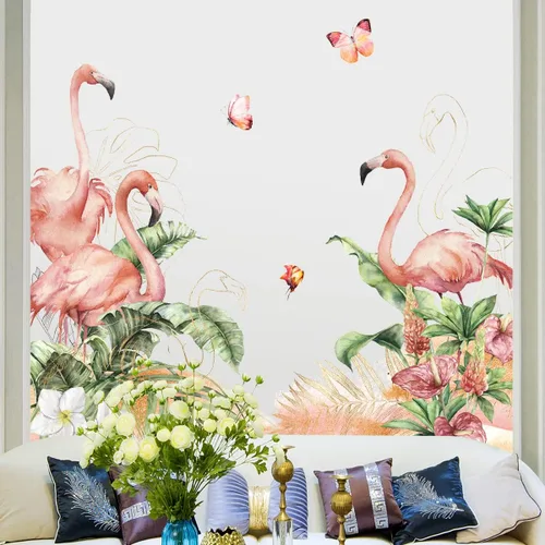 Vista 8 de RW-C328 Calcomanías de pared de flamenco rosa, plantas verdes tropicales, flores, calcomanías de pared para bricolaje, flamenco, floral, mariposa