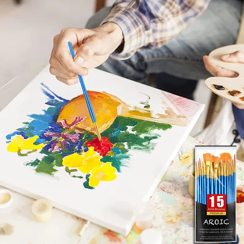 Vista 6 de AROIC Juego de pinceles de pintura acrílica, 15 pinceles de pelo de nailon para todo tipo de uso, óleo, acuarela, pintura de cara, cuerpo, roca