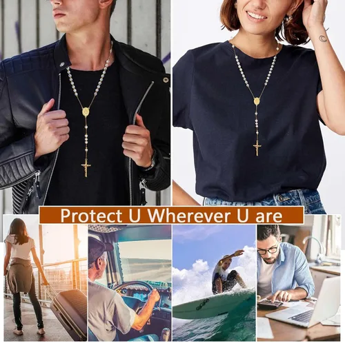 Vista 2 de ChainsProMax Collar con rosario de Virgen MaríaSan Cristóbal y San Miguel para mujer, foto personalizadatexto disponible-Envía caja de regalo