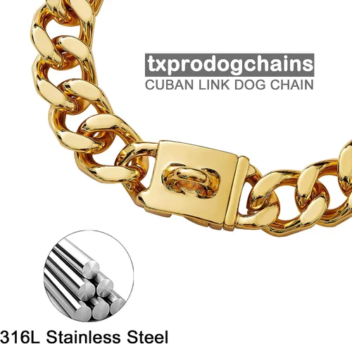 Vista 2 de txprodogchains Collar de cadena para perro grande con hebilla, resistente de 0.827 in de grosor, acero inoxidable, oro de 18 quilates, cadena