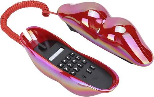 Vista 5 de Teléfono de labios galvanoplastia, teléfono con forma de labios lindos de moda, teléfono fijo de escritorio con cableado de EE. UU./Reino Unido