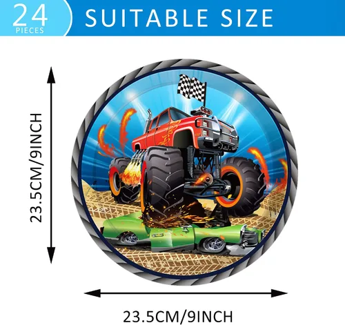 Vista 2 de OXYLIPO Paquete de 24 platos de papel de postre Monster Truck de 9 pulgadas, platos redondos desechables para automóvil, platos de fiesta, baby