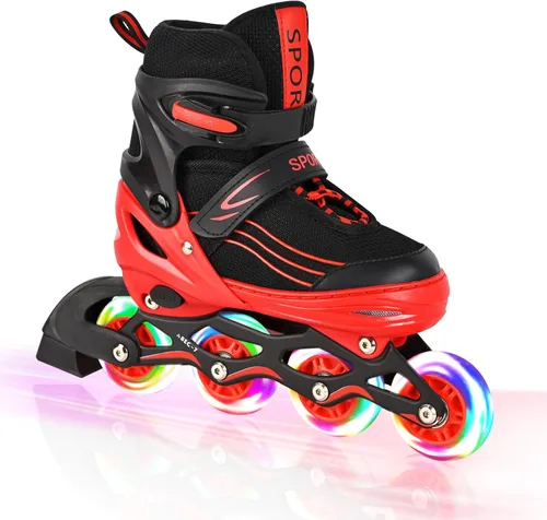 Vista 7 de Patines en línea ajustables para niños, niñas y niños, color morado y negro, todas las ruedas iluminan patines para niños principiantes al aire