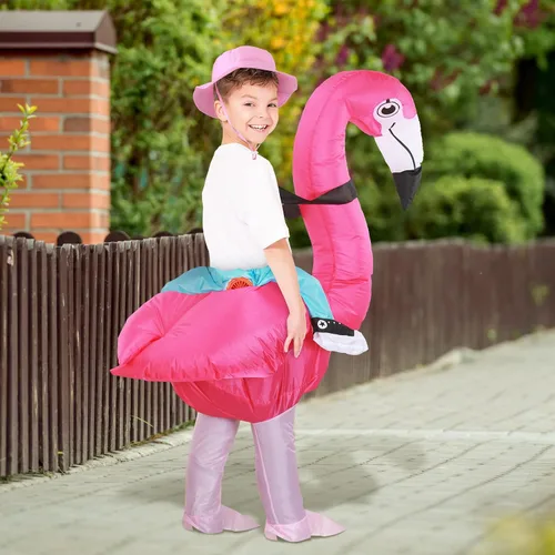 Vista 6 de Disfraz inflable de flamenco para niños, disfraz inflable de flamenco con sombrero de cubo rosa, divertido vestido elegante para Halloween, Navidad