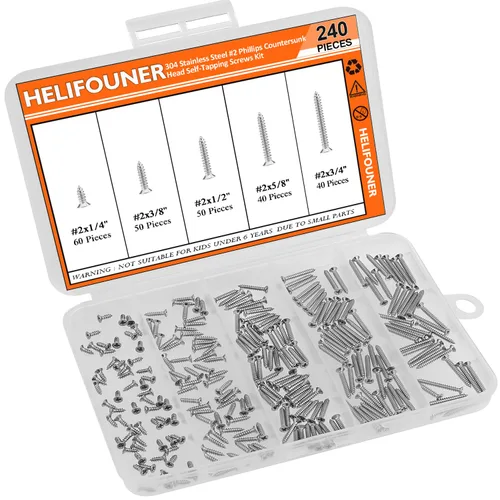 Vista 7 de Juego de tornillos de madera #2 x 1/4" 3/8" 1/2" 5/8" 3/4", HELIFOUNER 240 piezas de kit de surtido de tornillos autorroscantes con cabeza Phillips