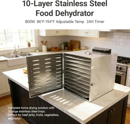 Vista 2 de 10-Layer Stainless Steel Food Dehydrator, 800W Electric Fruit Dryer with 86°F-194°F Temp & 24H Timer, Large Capacity for Beef Jerky, Vegetables