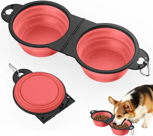 Vista 17 de Pawaboo Cuencos plegables 2 en 1 para perros, cuencos dobles para comida y agua, cuenco de silicona portátil de 180° con gancho de metal, comedero
