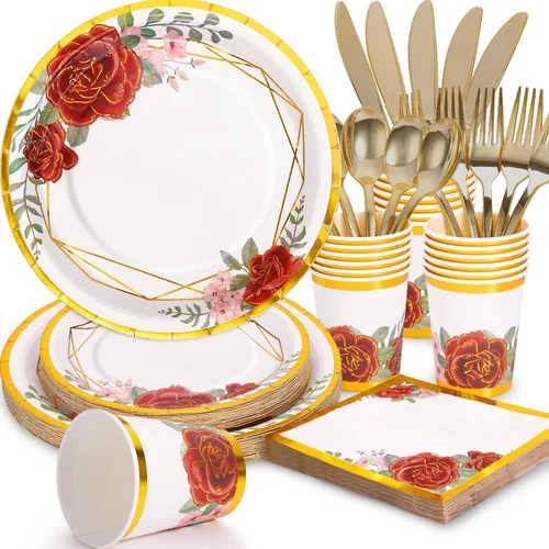 Vista 13 de Decoraciones para Baby Shower Girl - Juego de platos, tazas y servilletas para baby shower, sirven 24, platos festoneados florales rosas