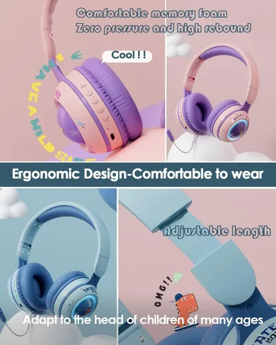 Vista 6 de Xmenha Auriculares inalámbricos para niños con micrófono para la escuela, con cancelación de ruido, protección para los oídos, Bluetooth, plegable