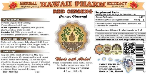 Vista 2 de Extracto líquido de ginseng rojo, tintura de ginseng rojo orgánico (Panax Ginseng), suplemento herbario, Hawaii Pharm, fabricado en EE. UU., 2 x 2
