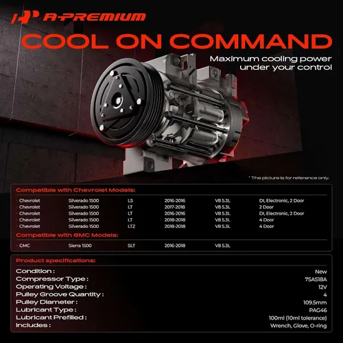 Vista 2 de A-Premium Compresor de aire acondicionado de CA con embrague compatible con Chevrolet Silverado 1500 2016-2018 y GMC Sierra 1500 2016-2018, 5.3L