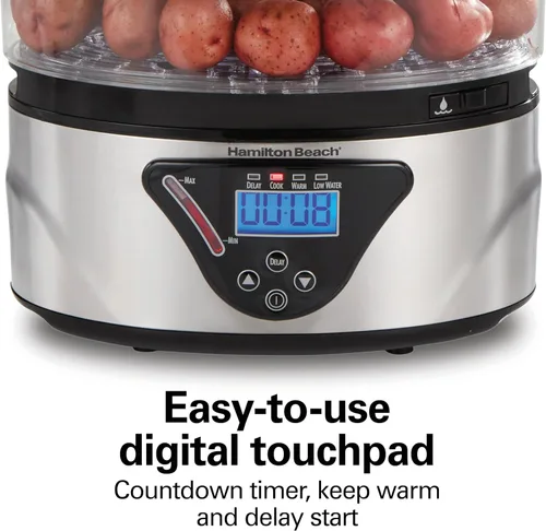 Vista 4 de Hamilton Beach - Vaporizador de alimentos eléctrico digital y arrocera para cocina rápida y saludable de verduras y mariscos, tazones apilables