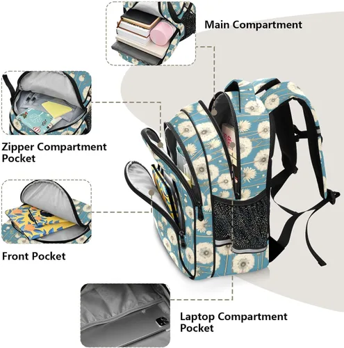 Vista 6 de Mochila de viaje victoriana retro con flor de diente de león blanca para niños, adolescentes, niños, mochila escolar para adolescentes y niños
