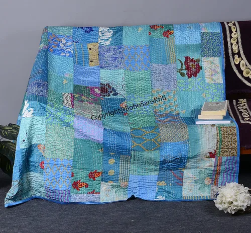 Vista 16 de Boho Sanskriti Colcha de seda india Kantha de retazos de seda tamaño Queen Twin Patola Colcha Negro