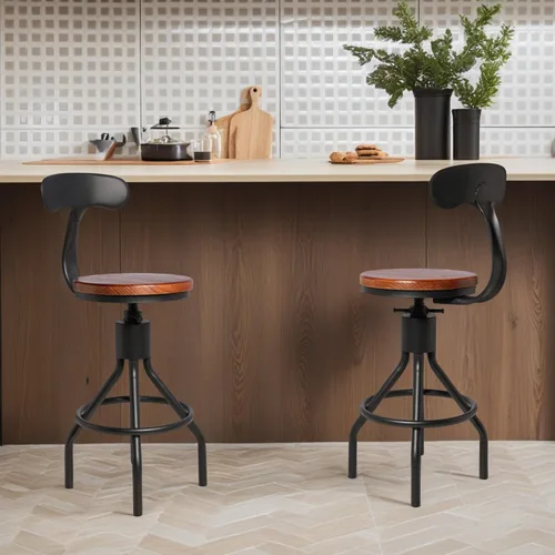 Vista 8 de Juego de 2 taburetes de bar industriales con respaldo de 23 a 33 pulgadas, asiento giratorio de madera, isla de cocina, comedor, taburete