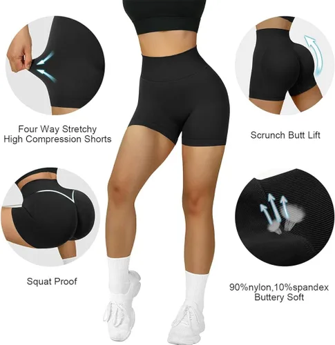 Vista 4 de SUUKSESS - Shorts deportivos sin costuras para mujer, shorts de cintura alta y con realce de glúteos para entrenamiento