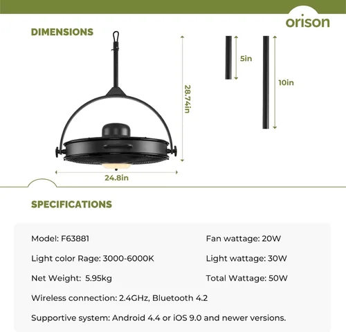 Vista 7 de Orison Ventilador de techo impermeable para exteriores de 24.8 pulgadas, 6 velocidades, cable enchufable, ventilador de garaje con control remoto