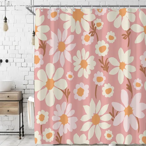 Vista 31 de Cortina de ducha pequeña para casa rodante, tamaño medio, estilo retro de los 70, con flores bonitas, estética abstracta de margaritas, decorativa