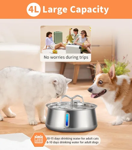 Vista 3 de Fuente de agua para gatos de acero inoxidable: fuente para gatos de gran capacidad de 135 oz/4 litros con ventana de agua, fuente para mascotas