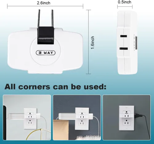 Vista 4 de SYCON Extensor de toma de corriente de pared de 3 vías, adaptador de corriente alterna, mini enchufe giratorio de 2 clavijas, enchufe extensor