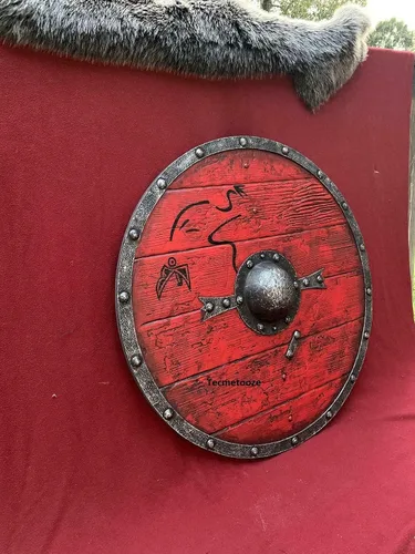 Vista 2 de Escudo vikingo medieval de Ragnar Lothbrok, auténtico escudo vikingo desgastado de batalla del último reino, escudo listo para cosplay totalmente