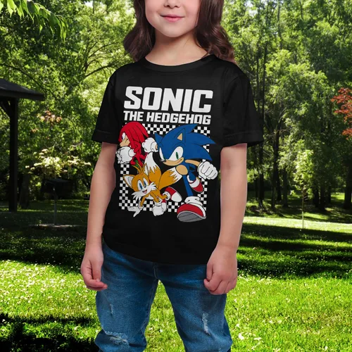 Vista 2 de Sonic The Hedgehog Knuckles Miles Group - Camisetas con marco de cuadros para niños jóvenes, Negro, S