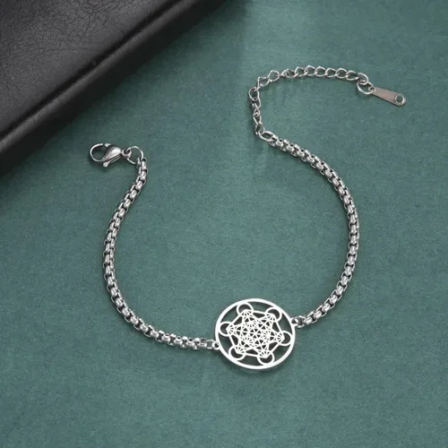 Vista 6 de Fantasy Forge Jewelry Pulsera de cubo Metatrons de plata dorada para mujer, acero inoxidable, geometría sagrada, 7-9.5 pulgadas