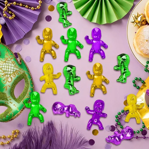 Vista 5 de King Cake Babies, 30 piezas de 1.2 pulgadas Mardi Gras mini bebés de plástico metálico dorado morado verde bebé para decoración de pasteles rey