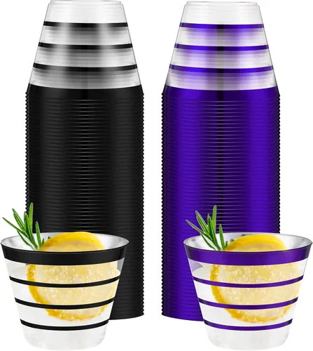 Vista 7 de Gejoy 50 vasos de plástico a rayas negras de 9 onzas, desechables a granel, vasos de plástico duro para beber, vasos para bodas, reuniones, Negro