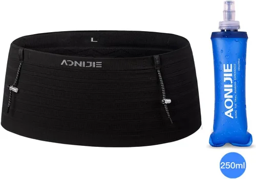 Vista 7 de AONIJIE Cinturón para correr con frasco suave de 8.5 fl oz para mujeres y hombres, ligero y antideslizante, se adapta a todos los tamaños de Negro