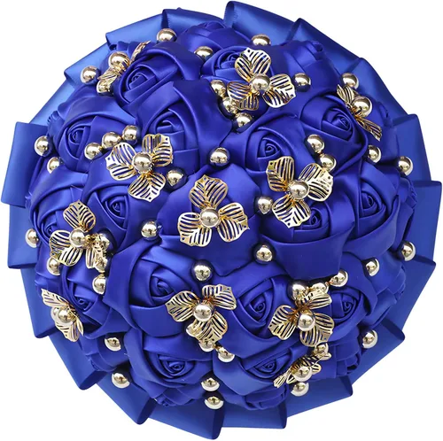 Vista 7 de Ramo de boda de 7 pulgadas, ramo de flores de satén para dama de honor, botón dorado, ramo de flores artificiales para bodas en interiores Negro