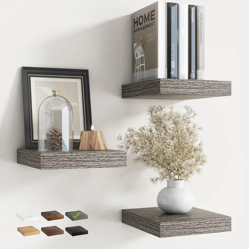Vista 52 de Estantes flotantes cuadrados de 8 pulgadas para pared, paquete de 3, estantes de baño con veta de madera de 8"D con soportes invisibles, estantes