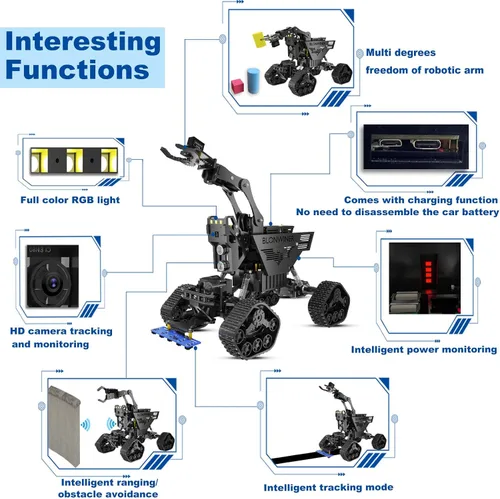 Vista 3 de Kit de carro robot BLONWINER, juguete de construcción de brazo robótico inteligente 2 en 1 para codificación Python en Raspberry Pi, kits de tanque