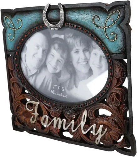 Vista 3 de Ebros Gift Rustic Western Family - Marco de fotos de piel sintética turquesa y resina de madera tallada, 7 x 5 pulgadas, con caballete trasero