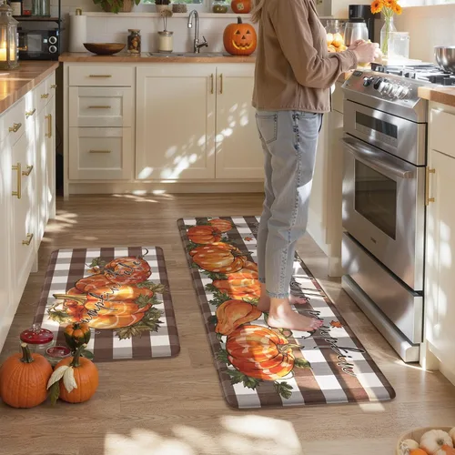 Vista 8 de KIMODE Tapetes Antifatiga para Piso de Cocina 17"x47"+17"x29", Juego de 2 Alfombras de Cocina a Cuadros Marrón y Blanco, Tapete de Cocina