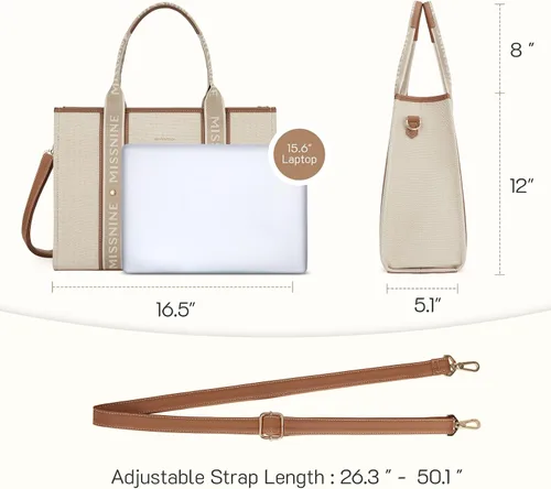 Vista 6 de Missnine Bolsa de lona para laptop de 15.6 pulgadas, bolsa de hombro para profesores, maletín para viajes, oficina, escuela, marrón, beige