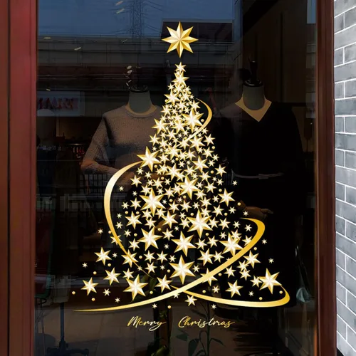 Vista 2 de Cityhermit Calcomanías de Árbol de Navidad para Ventanas de Vidrio, Calcomanías Estáticas Extra Grandes Doradas para Ventanas de Navidad, Calcomanía