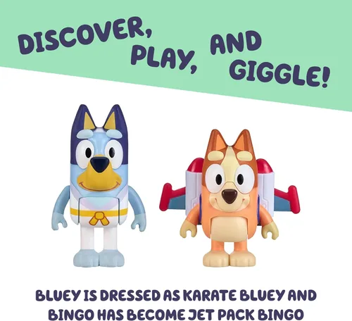 Vista 6 de Bluey Action Heroes - Juego de figuras de juguete de 2 unidades, figuras articuladas de personajes con figuras de karate y mochila propulsora