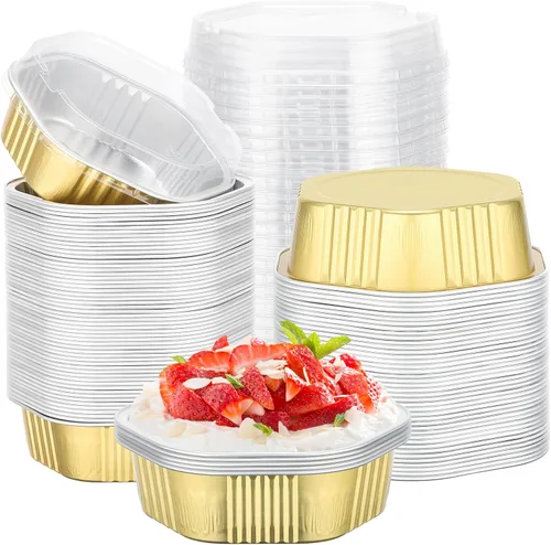 Vista 21 de Beasea Tazas desechables para hornear con tapas, juego de 50 unidades, 13.5 oz 400 ml, ramekins de aluminio con tapa de papel de aluminio, moldes