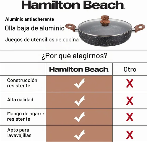 Vista 6 de Hamilton Beach Revestimiento de mármol antiadherente de aluminio de 4.5 cuartos de galón, calefacción uniforme, olla redonda para horno de playa Gris