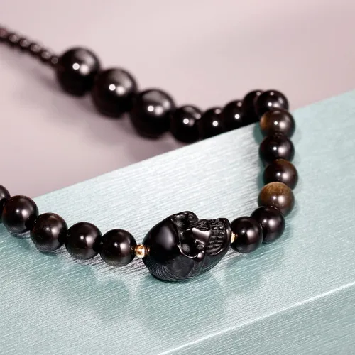 Vista 5 de XHUUU Gargantillas de calavera con cuentas de obsidiana negra, para mujeres y hombres, cristales de piedras preciosas y piedras curativas, collar