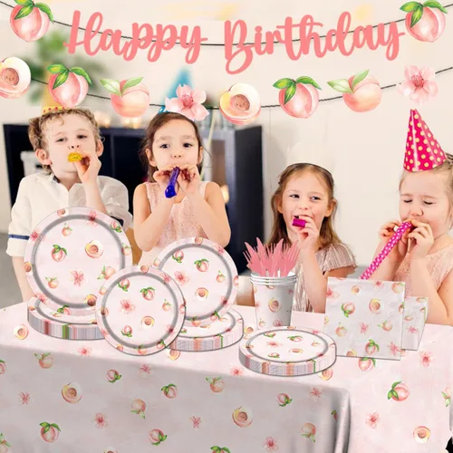 Vista 3 de Suministros para fiesta de cumpleaños de frutas de melocotón, juego de vajilla con temática de cumpleaños de 142 piezas, incluye platos de melocotón